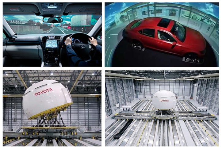 Čulík - Obr. 2. Toyota driving simulator - pohľad z kabíny vozidla, pohľad do kupoly, kupol a hala, v ktorej sa kupola pohybuje